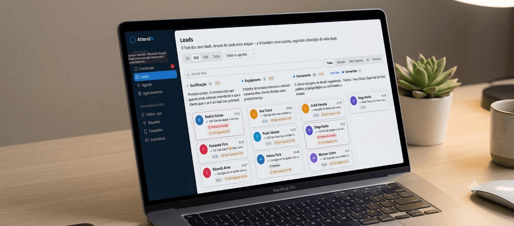Funil kanban do CRM com a IA movendo os cards