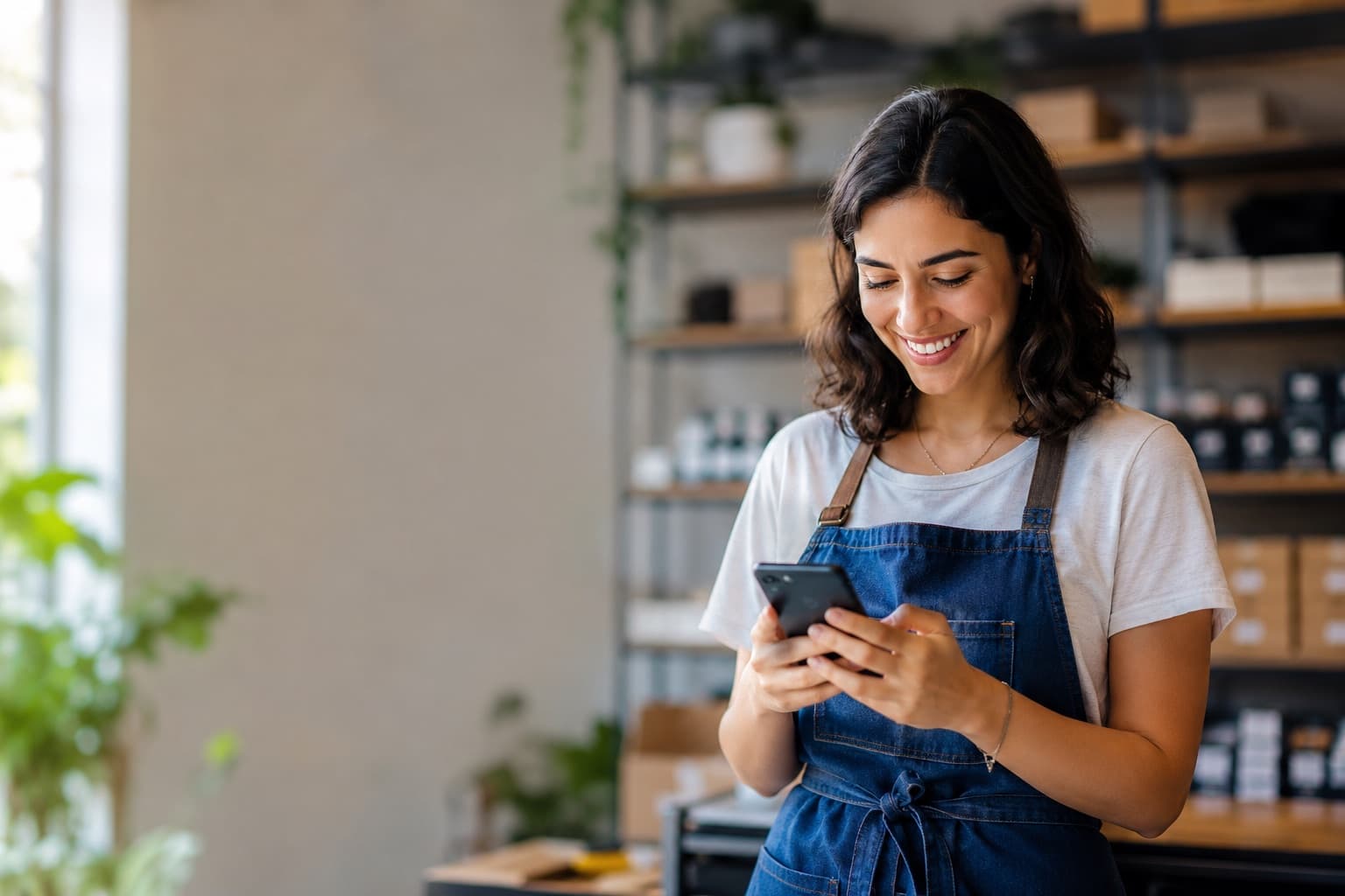 Atendente de uma loja sorrindo enquanto responde clientes pelo WhatsApp no celular